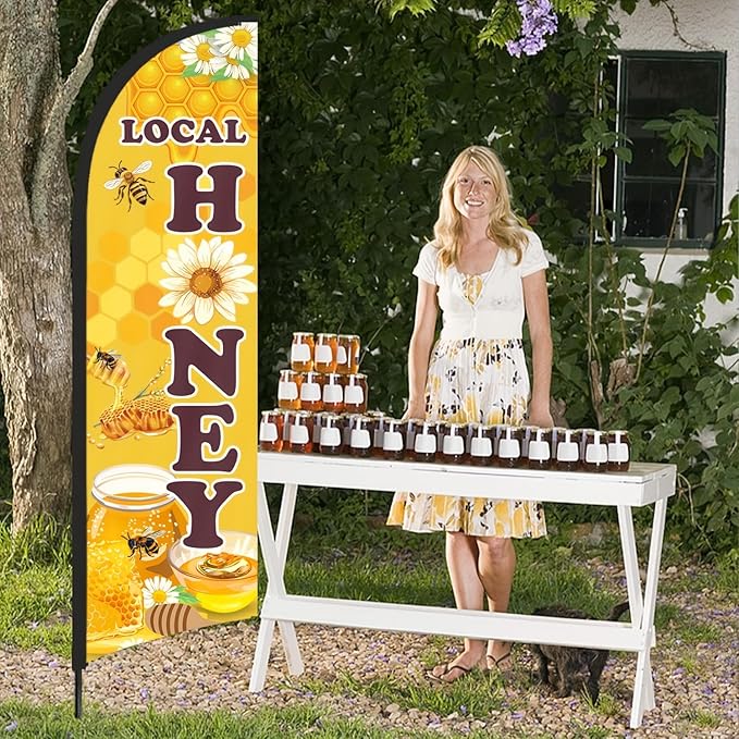 Honey for Sale Sign Feather Flag, 9.18FT Double-Sided Outdoor Advertising Swooper Banner with Pole Kit & Ground Stake – Tear-Resistant Polyester Feather Flag for Shops, Events & Promotions