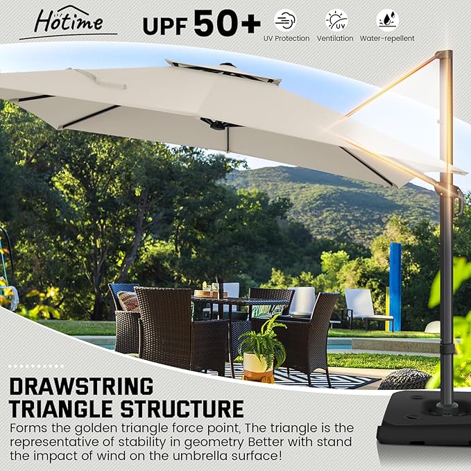 Hotime 10ft Cantilever Patio Umbrella Outdoor Heavy Duty Double Top Windproof Aluminum Offset Umbrella with 360°Rotation for Pool Garden Deck, Beige