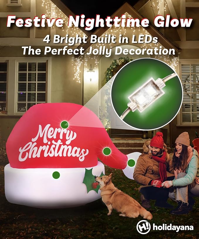 Holidayana Christmas Inflatables Large 4.5ft Tall Merry Christmas Santa Hat - Inflatable Outdoor Decorations Blow Up X-mas Decorations for Yard, Lawn & Garden Internal Lights & Built-in Fan