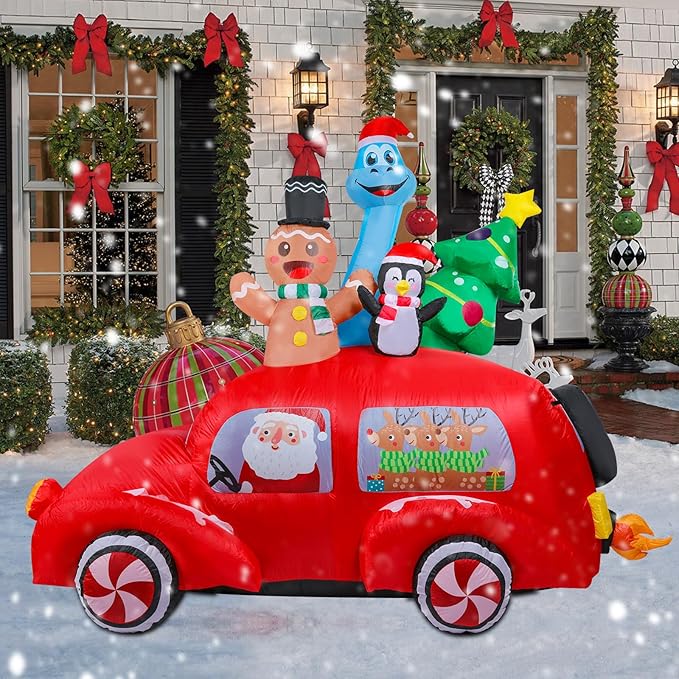 7.5 FT Long Christmas Inflatables Gingerbread Man Penguin Dinosaur with Xmas Tree and Santa Outdoor Decorations, Inflatables Car Blow up with Built-in LED Lights for Party Lawn Outdoor Yard