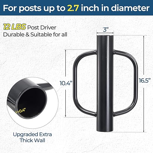 Fence Post Driver, 12LBS Fence Post Driver with Handle, 2.7 inch Inner Diameter Hand Post Pounder, Heavy Duty T Post Rammer Driver Tool for Wooden Post U Channel Fence Post Metal Post, Black 17 Inch