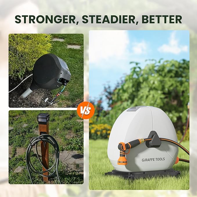 Giraffe Tools Retractable Hose Reel with 1/2 Inch x 100FT, Heavy Duty Ground Mount Garden Hose Reel, Automatic Rewind,with 9-Function Sprayer Nozzle & Flexible Swivel Base