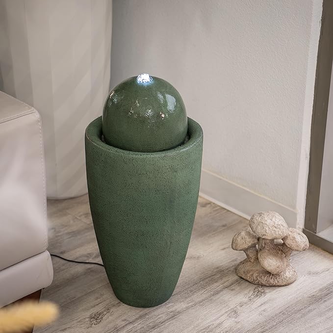 XBrand 25.98" H Green Round Stone Indoor/Outdoor Modern Sphere Water Fountain w/LED Lights – Ball Bubbling Fountain Décor for Garden, Patio, or Tabletop