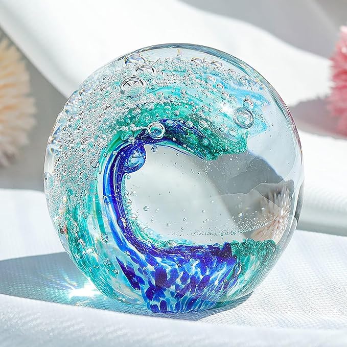 Decorative Crystal Ball Figurines Ocean Waves Paperweight Blown Glass Decor Sea Art Ocean Lovers Gift Blue Green 3.15"