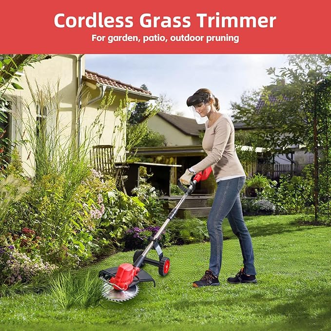 20000 RPM Electric Weed Wacker with Wheel, 3-in-1 Brushless Brush Cutter/String Trimmer/Grass Trimmer/Lawn Mower, 9" Cordless Weed Eater Battery Powered, 2 * 2000mAh Battery, 4 Blade and Charger
