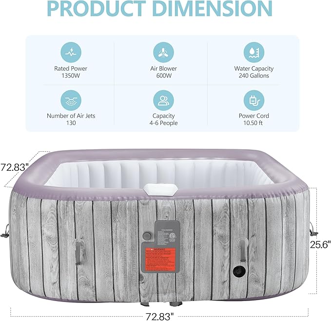 HUGROVE Square Inflatable Hot Tub for 4-6 Person, Portable Outdoor Spa with 130 Bubble Jets, Energy-Efficient Heating up to 100 °F, Smart Control, PVC Material, with Cover (Square)