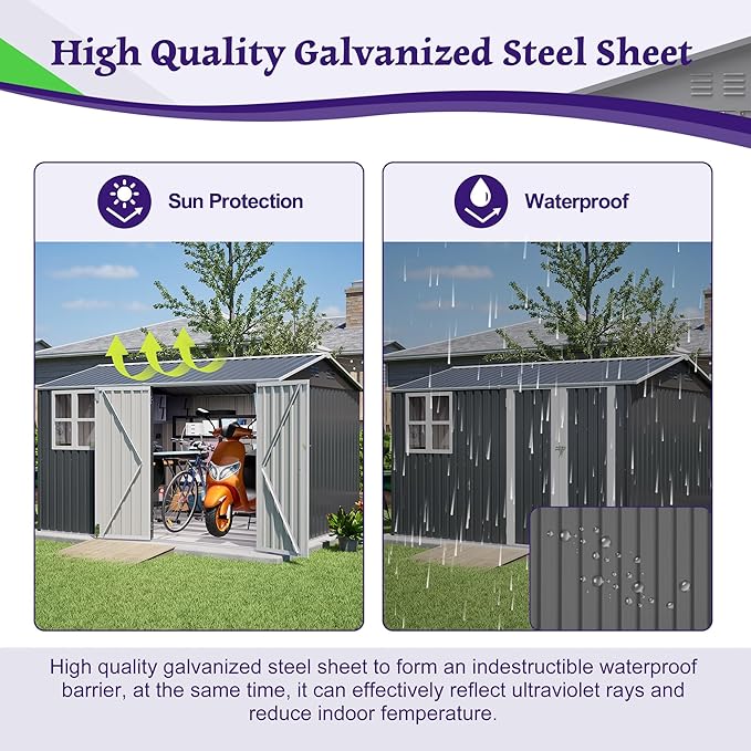 10X8FT Outdoor Steel Storage Shed with Clear Window, Lockable Doors, Weather-Resistant Metal Tool Shed for Garden, Backyard, Patio, and Utility Storage,Gray