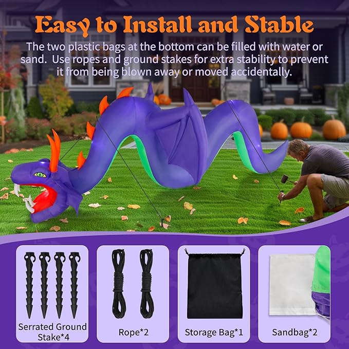 12ft Halloween Inflatable Dragon Decorations,Open Mouth and Sharp Teeth Outdoor Giant Purple Decorations,Built-in 7 LEDs Blow Up Dragon Inflatables for Yard, Lawn & Garden Internal Lights