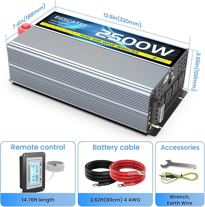 12V 2500W Pure Sine Wave Inverter 12V DC to 110V/120V AC Converter with 4AC Outlets, 5V/3.4A USB, Remote Control with on-Screen Display, Off-Grid Solar Power Inverter for Truck, Home, Vehicles, RV