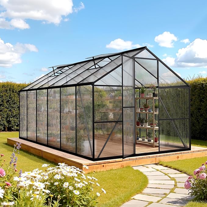 VEVOR 8 x 14 FT Polycarbonate Greenhouse, Heavy Duty Outdoor Green House with Adjustable Vent & Push-Pull Lockable Door, Quick Setup, Aluminum Frame Walk-in Greenhouse Sunroom for Outside Garden Lawn