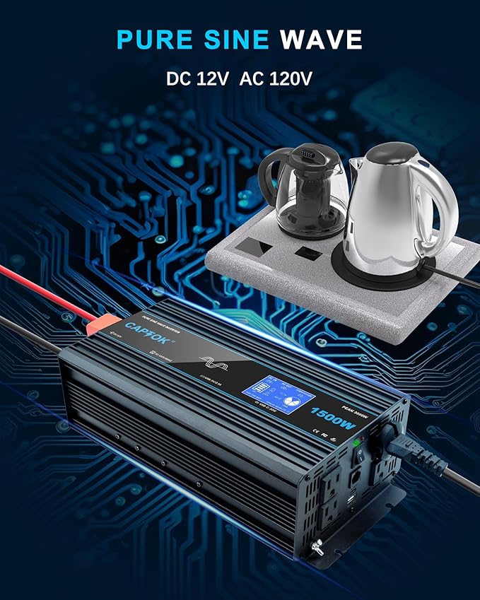 1500W Pure Sine Wave Inverter DC 12V AC 120V Double LCD Screen Remote Control Power Inverter 30W USB-C 4AC Outlets for RV, Home, Solar System