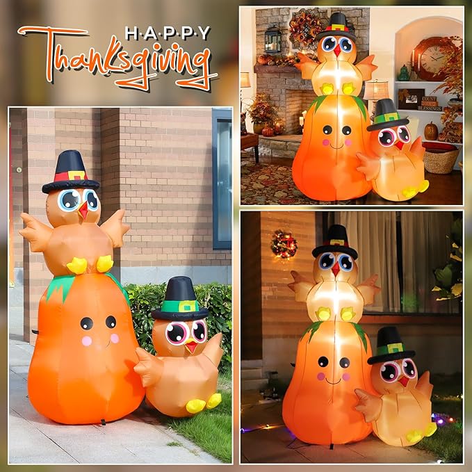 FunFanso 5FT Thanksgiving Inflatable Turkey on Pumpkin Outdoor Decoration, Lovely Blow Up Turkey with Built-in LED Lights for Garden Lawn Yard Home Party Decor, Powerful Blower for Fast Inflation