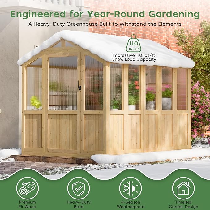 6*8 FT Wood Outdoor Greenhouse Kit, Greenhouses for Outdoors Heavy Duty with Adjustable Roof Vent and Shelves, Walk in Polycarbonate Greenhouse for Outside Garden & Backyard, Light Honey