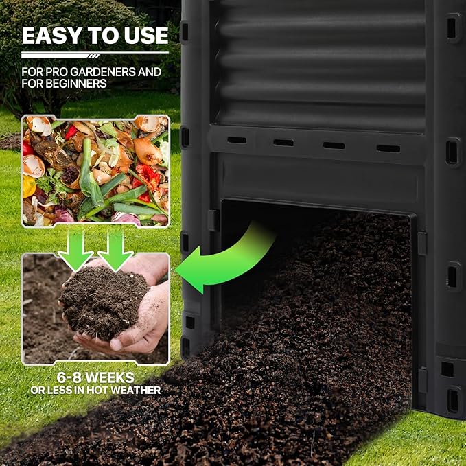 MoNiBloom 80 Gallon Large Compost Bin, BPA Free Outdoor Composting Tumblers for Garden Patio, All-Season Fast Working Rotating Chamber Composters for Garden Patio w/Sliding Door