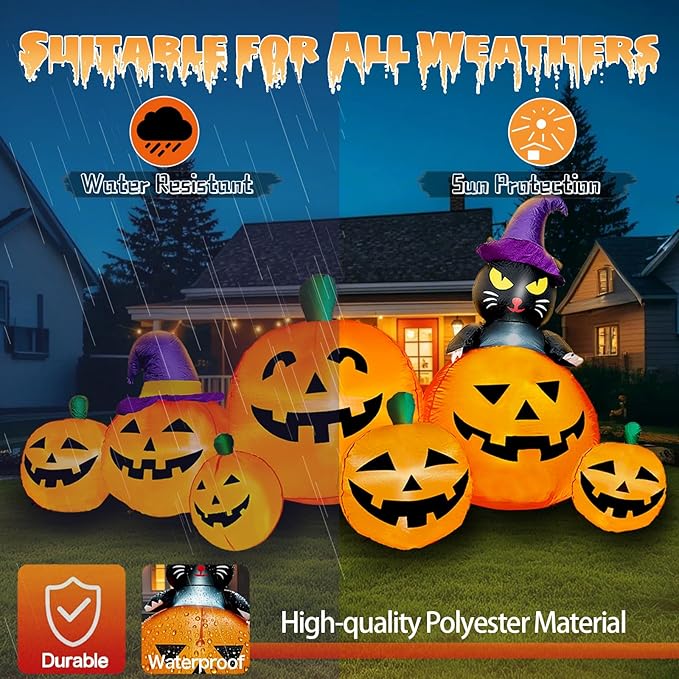 8 FT Long Halloween Inflatables Pumpkin Outdoor Decorations, 7 Pumpkins Outside Decoration with Black Cat with Build-in LEDs Blow Up Inflatables for Party Yard Lawn Garden Decor