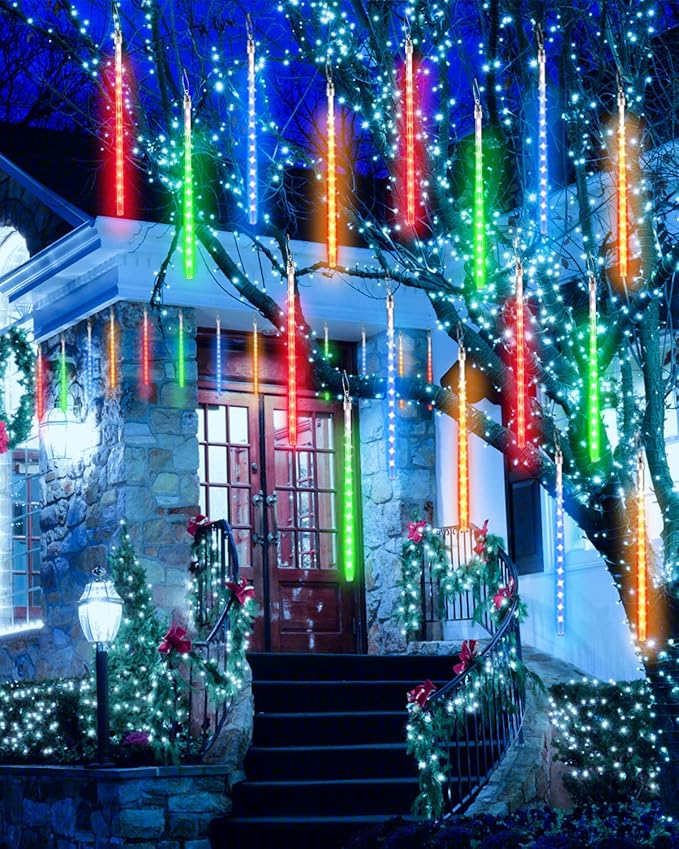 Flacchi Solar Meteor Shower Icicle Lights - 20 Tubes 480 LED Cascading Raindrop Lights, Outdoor Waterproof Christmas Decorations for Holiday Party(4 in 1 Multi-Colored, Solar 20 Tubes)
