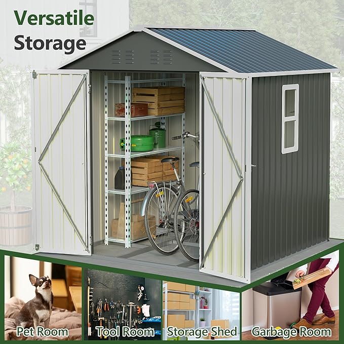 6x6 ft Metal Outdoor Storage Shed,Metal Steel Utility Tool Shed Storage House with Window and Floor Kit for Backyard Garden Patio Lawn Black