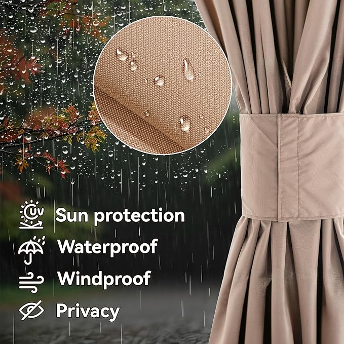 Gazebo Curtain Replacement Universal 4-Panel Sidewalls 12' x 16', Outdoor Gazebo Privacy Curtains with Zipper, Replacement for Outdoor, Patio Canopy, Garden and Backyard (Curtain Only)