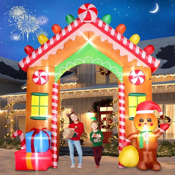 FunFanso 9 FT Christmas Inflatable Archway Outdoor Decorations, Gingerbread House Arch Blow Up Yard Decoration with Colorful Gifts, Build-in LED Lights for Garden Lawn Yard Porch Holiday Party Decor