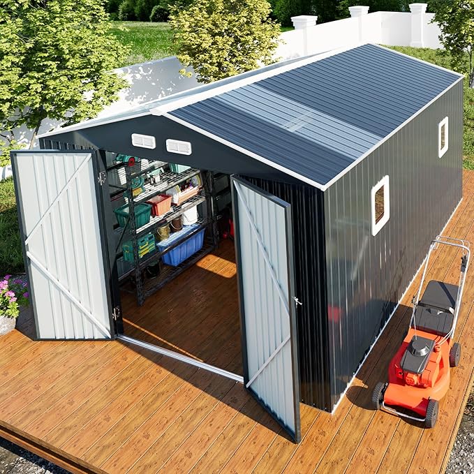 Metal Shed 10x12x7 FT, Sheds Outdoor Storage with Reinforcement, Natural Lighting Tool Sheds with Translucent Roof Panels, Windows, and Lockable Doors, Ideal for Garden, Backyard, and Patio