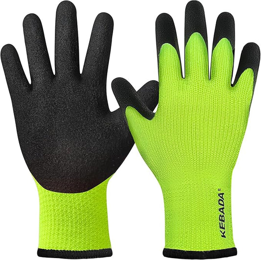 Kebada T3 Winter Work Gloves for Men and Women, Warm Knit Cold Weather Work Gloves, Thermal Insulated Freezer Gloves, 100% Latex Coating Non-slip Grip, Long Wrist Design, 1 Pair, Green, Medium