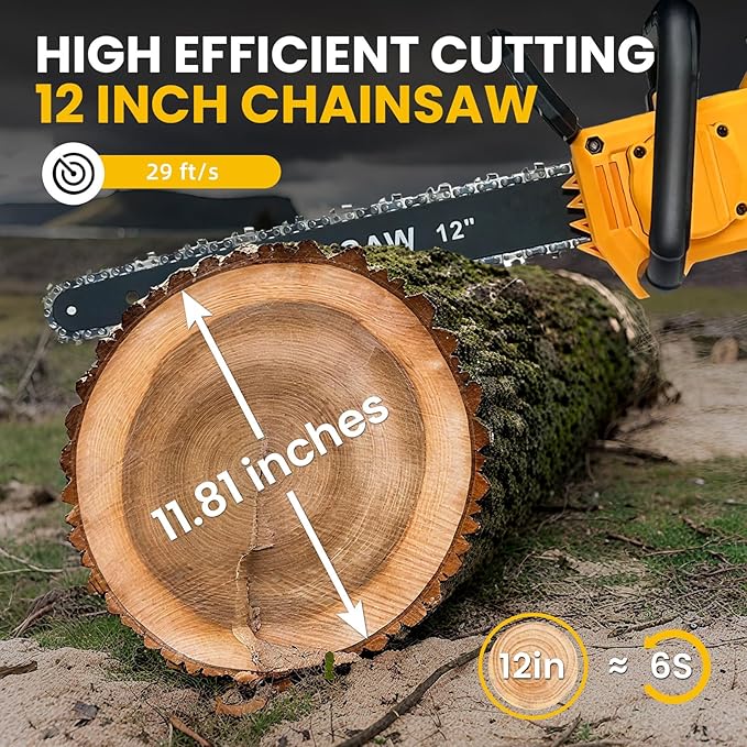12 Inch Cordless Chainsaw Compatible with DeWalt 20V MAX, 1200W Brushless Motor, Auto Lubrication, Security Lock, Handheld Electric Chainsaw for Tree Trimming (Battery Not Included)
