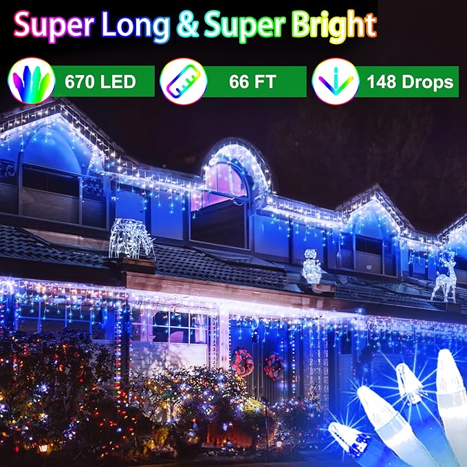 66FT 670 LED Outdoor Christmas Lights - 148 Ice Drops, 12 Pro Modes with Timer Memory & Brightness, Waterproof Hanging Ice String Light for Holiday Wedding Garden Fence House Decor (White & Blue)