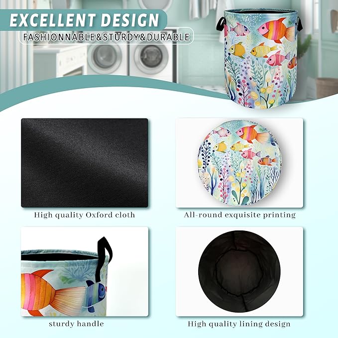 Watercolor Fish Laundry Basket Foldable With Handles Cute Fishes Tote Bag Oxford Cloth Colorful Laundry Hamper Clothes Storage Bucket Toy Organizer For Bathroom/Laundry/Bedroom 18.9"x16.5 "