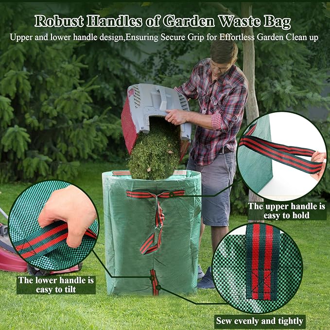 2 Pack 53 Gallons Reusable Yard Waste Bags,Heavy Duty Lawn and Leaf Bags,Dustpan-Type Garden Bag with Reinforced Handles for Collecting Leaves,Branch Debris,Grass Clippings