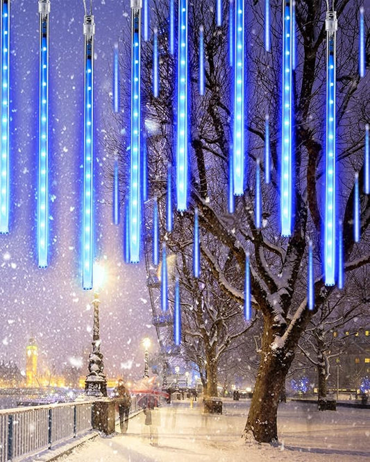 Flacchi Blue 10 Tubes 240 LED Raindrop Lights Meteor Shower Icicle Lights with Timer Function Cascading Falling Rain Light for Holiday Party Christmas Decorations