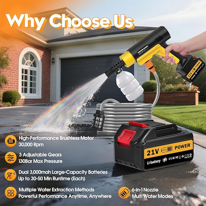 Cordless Pressure Washer Battery Powered, 130Bar/1885PSI Cordless Power Washer with 3.0Ah Battery&Charger&6-in-1 Nozzle, Handheld Pressure Washer Cleaner Portable Power Washer Kit for Car/Garden/Home