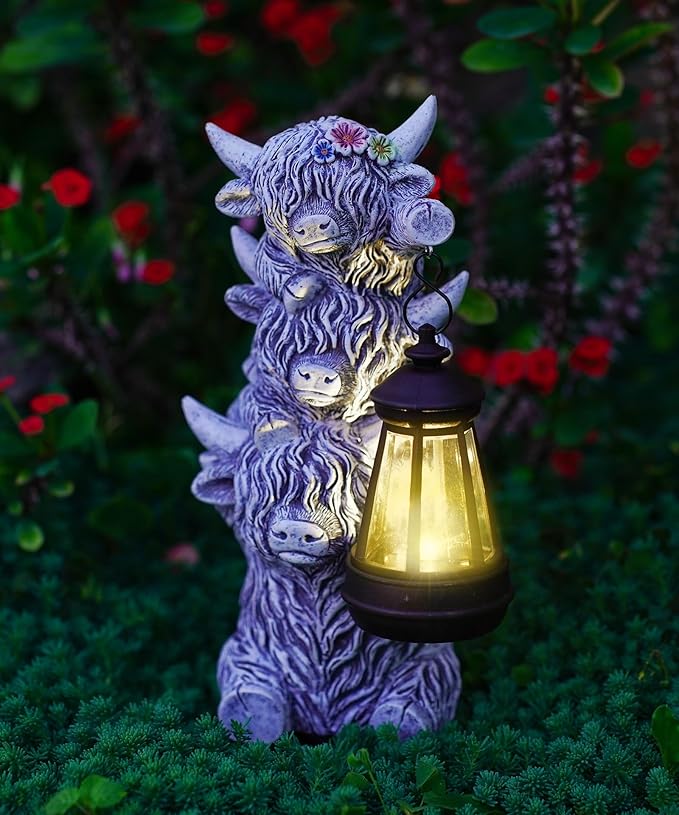 Solar Highland Cow Outdoor Decor:Garden Statue Outside Lantern Ornaments for Yard Lawn Patio Porch- Unique Gifts for Mom Women Grandma(Grey)