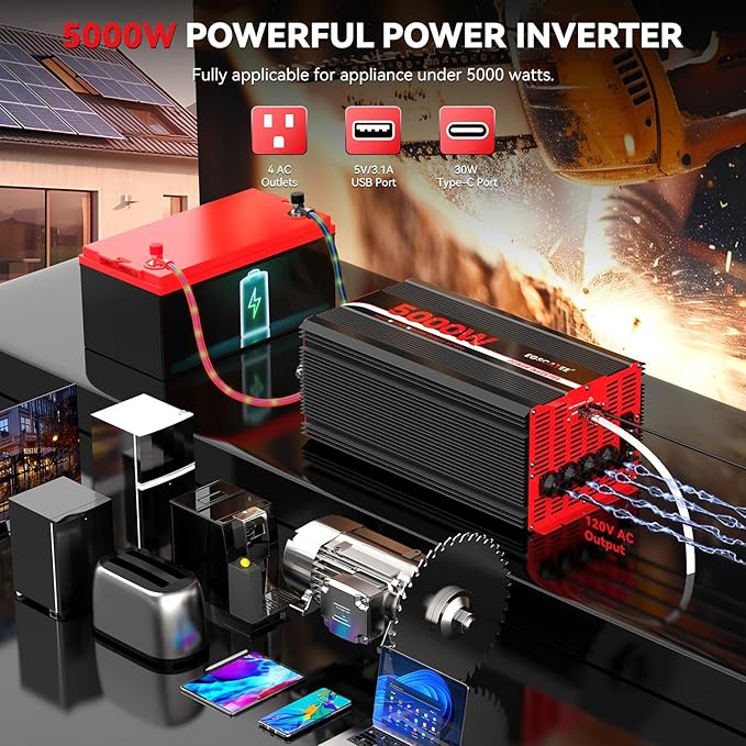 5000W Power Inverter 12V DC to 120V AC Converter for Truck, Home, RV, Peak 10000W Off-Grid Solar Power Inverter with 4 AC Outlets, USB Port,Type-C Port, Remote Controller with LCD Screen