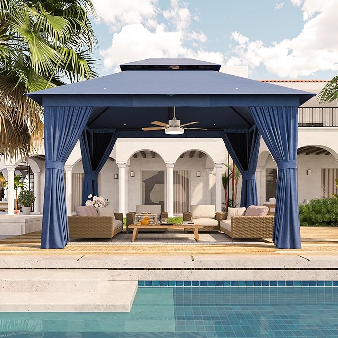 Outdoor Gazebo Metal Frame Patio Pergola Double Roofs Patio Canopy with Double-Layer Door and Mosquito Netting for Deck, Backyard, Lawn (Blue, 10x12FT)