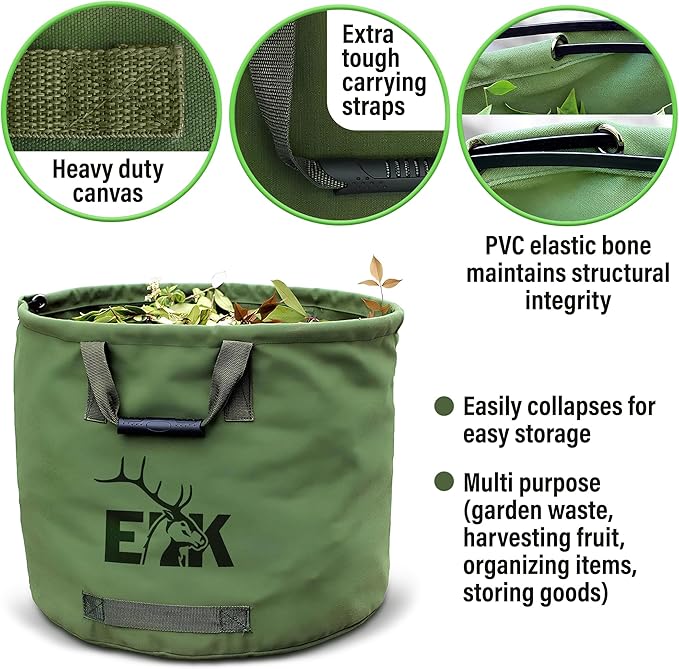 ELK 33-Gallon Non Self-Standing Multipurpose Garden Leaf Waste Bag - Durable Canvas for Yard Cleaning, Harvesting, and Storage - Heavy Duty with Rubber Handles and PVC Elastic Bone - 22" W x 18" H