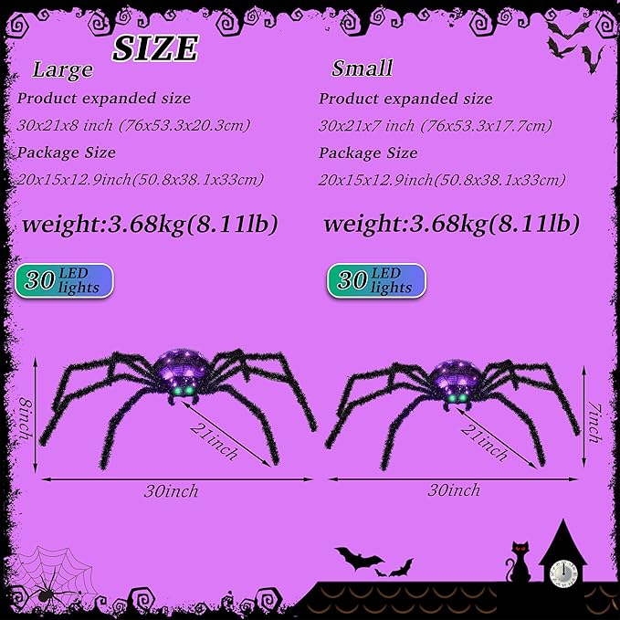 2 Pack 2.5Ft Giant Spider Halloween Decorations Outdoor 30" Light Up Spider with 30 LED Lights for Front Yard, Porch, Garden, Lawn, Halloween Party (Purple)