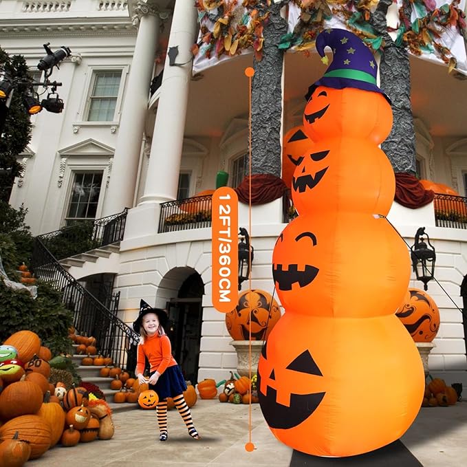 DearSun 12FT H Giant Halloween Inflatable Stacked Pumpkins with Witch's Hat, Blow up 4 Pumpkins Inflatable with Build-in LED Lights Outdoor Decorations Large Party Yard Decoration