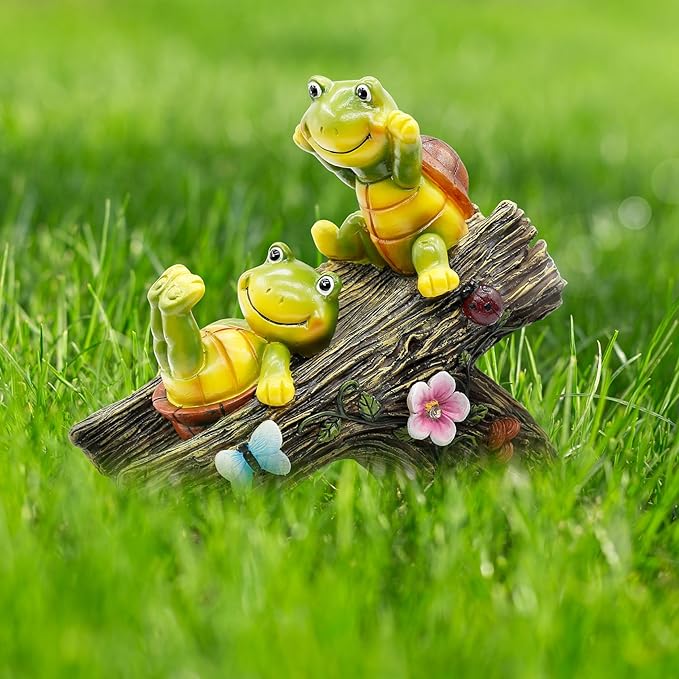 Garden Turtle Figurines Outdoor Decorations, Solar Statue Sweet Frog Face Turtles Decor with 4 LED Lights, Garden Resin Statue for Patio Lawn Porch Yard,Gifts for Birthday Easter Housewarming