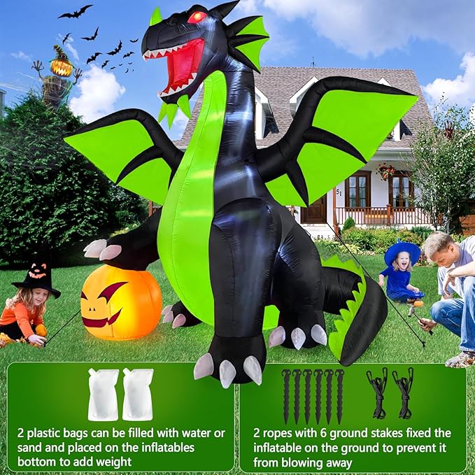 Danxilu 9FT Halloween Inflatable Outdoor Decoration Blow Up Dominating Green Dragon with Pumpkin Built-in LED Lights Spooky Blowups Yard Decor for Halloween Fun Holiday Party Garden Lawn Decor