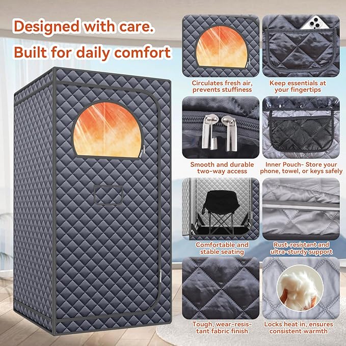 Sauna Box, Upgraded Large Size Portable Sauna for Home Spa with 3L 1300W Steamer, Big Folding Chair, 9 Levels Heat, Timer, Remote Control - Personal Full Body Steam Saunas Room Tent 3' x3' x5.9' Grey
