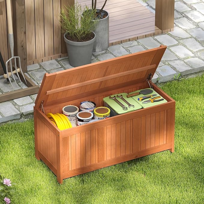 RELAX4LIFE Wood Deck Box, 58 Gallon Backyard Storage Bin Container for Patio Furniture Cushions, Pillows, Garden Tools, Pool Accessories, Wooden Porch Bench, Indoor Outdoor Storage Box (58 Gal)