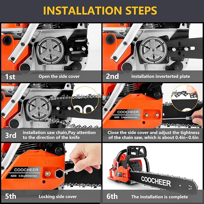 COOCHEER 62CC Gas Chainsaw 20 Inch 2-Cycle Gas Powered Chain Saws 3.5 HP Power Chain Saw Cordless Gasoline Powered Chainsaw with 2 Chains for Tree Wood Cutting