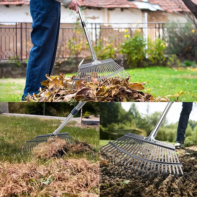 KeFanta Garden Leaf Rakes, Rake for Leaves Heavy Duty 25 Metal Tines 18.5" Wide, 62" Adjustable Long Handle Rakes for Lawns Yard Grass Flower Beds