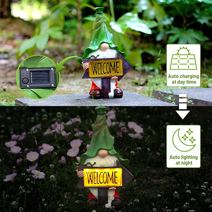 Solar Garden Gnomes Outdoor Garden Decor with Solar LED Light, Yard Graden Gnomes Decorations for Patio Lawn, Gifts for Mom, Gnomes Gifts for Women (Gnomes)