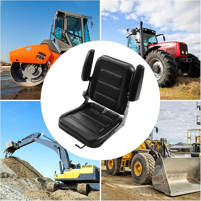 Universal Lawn Mower Seat, Replacement Forklift Seat Garden Tractor Seat with Armrest Tractor Suspension Seat Tractor Seat with Back Rest Universal PVC Tractor Seat with Adjustable Backrest Armrests