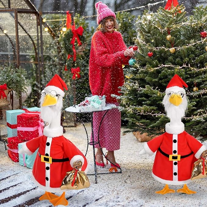 Christmas Santa Porch Goose Outfits Christmas Lawn Goose Clothes Fits 23" Cement Plastic Goose Statue for Xmas Outdoor Garden Yard Patio Statue Art Decoration