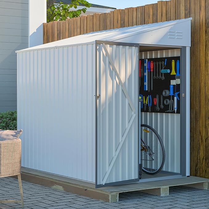 4x8 FT Outdoor Storage Shed,Lean to Lockable Metal Garden Shed Steel with Reinforced Beams,All Weather Waterproof Storage House W/Lockable Door&2 Air Vents,for Backyard,Patio,Lawn,Garden,White