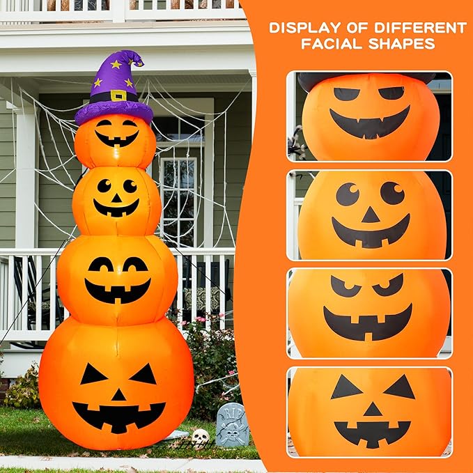 DearSun 8FT H Halloween Inflatable Stacked Pumpkins with Witch’s Hat, Blow up 4 Pumpkins Inflatable with Build-in LED Lights Outdoor Decorations Large Party Yard Decoration