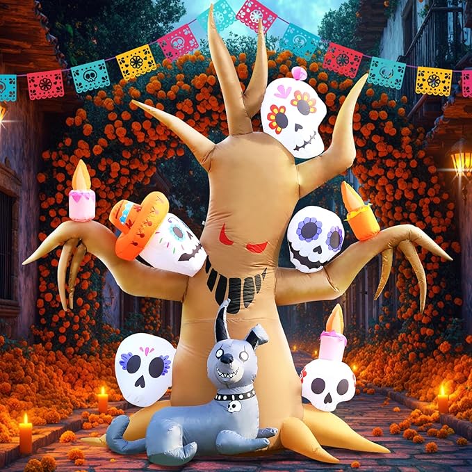 DomKom Tree Halloween Inflatable Blow Up Decorations, Dia de Los Muertos 8FT Day of The Dead Spooky Tree with Catrina Skull and Hairless Dog, Built-in LEDs for Holiday, Garden Lawn Yard Patio Décor