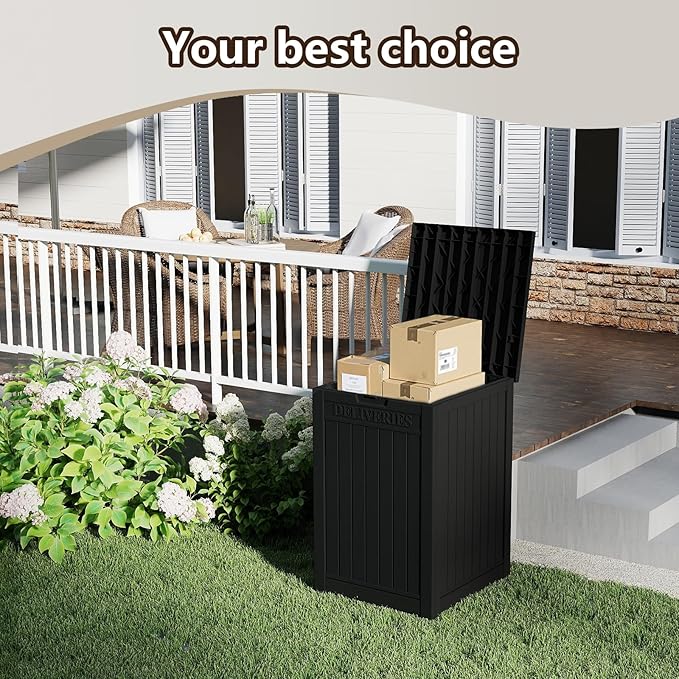 48 Gallon Large Package Delivery Box,Storage Box with Lockable Secure,Double-Wall Resin Outdoor Package Delivery and Waterproof Deck Box for Porch, Curbside (Black)